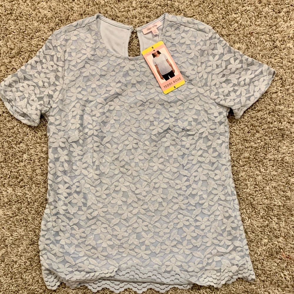 Teddie Rose Chic Floral Lace Short Sleeve Top in Light Blue Small